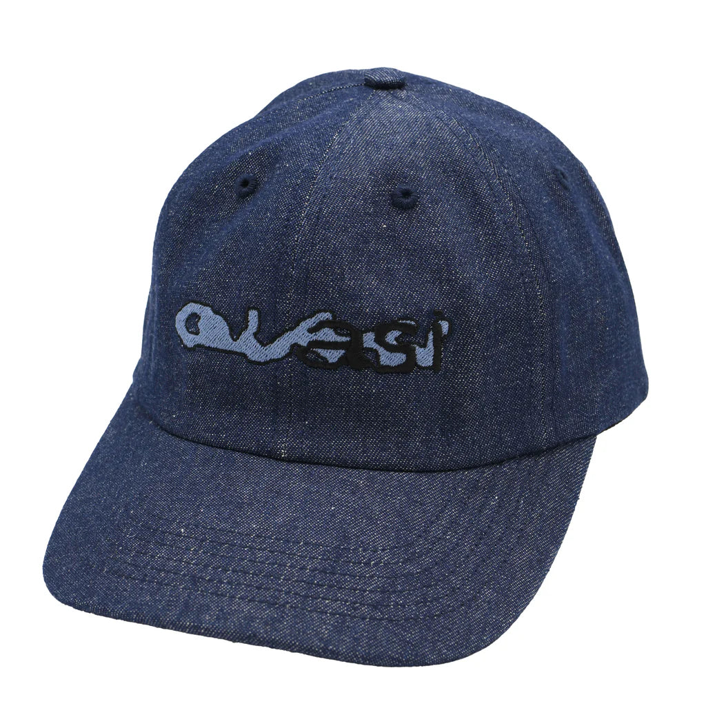 Blue denim cap with a logo on a white background