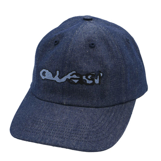 Blue denim cap with a logo on a white background