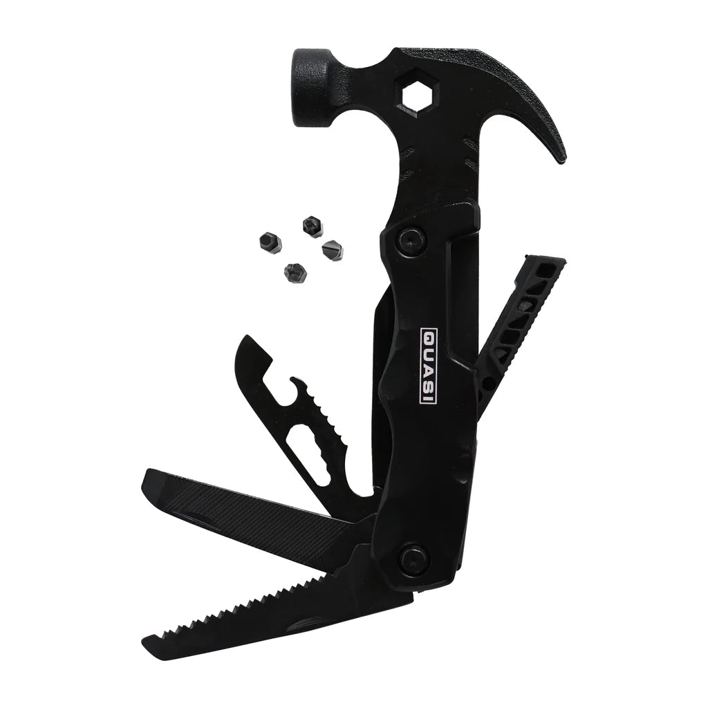 Black multi-tool with various components on a white background