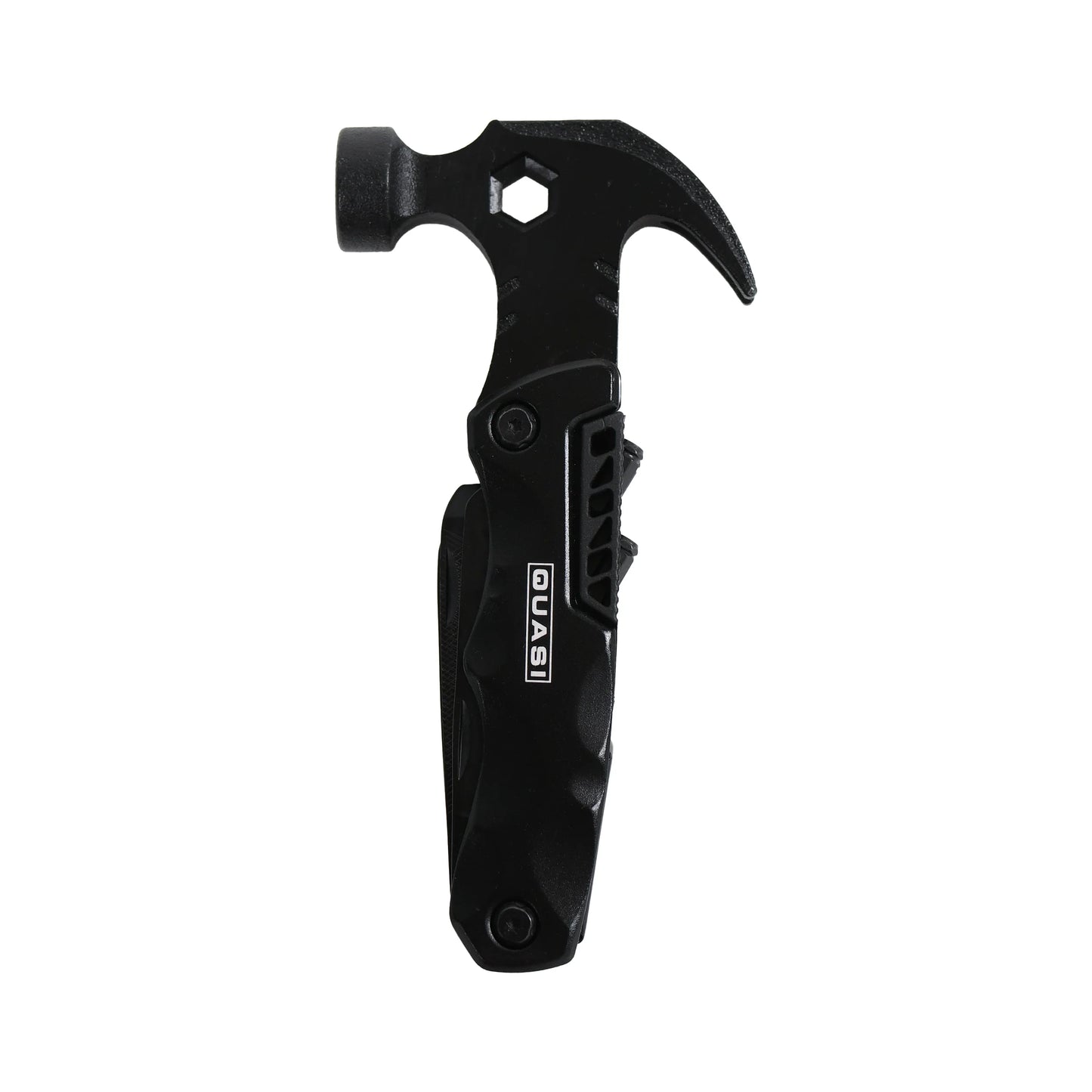 Black multi-tool with hammer head on a white background
