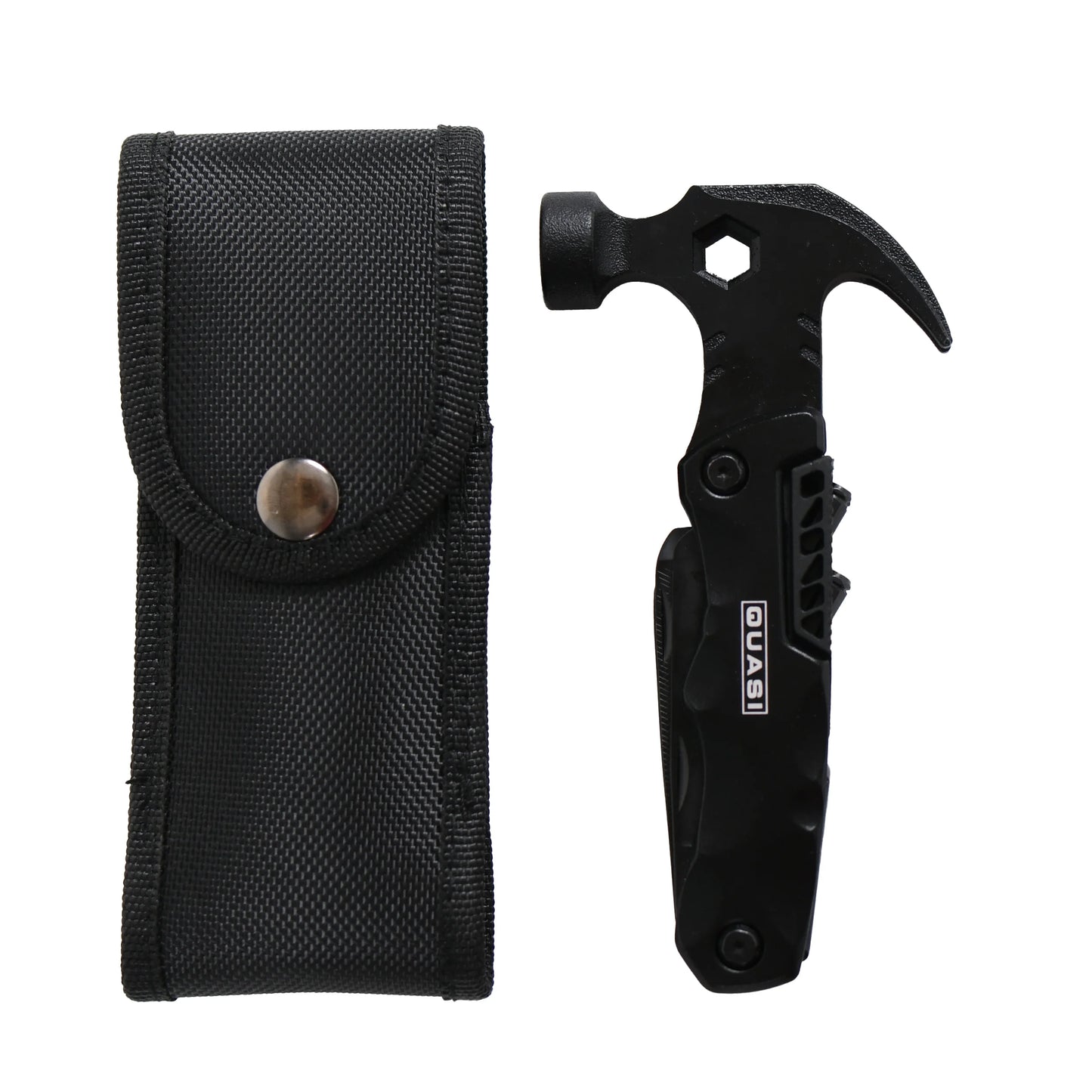 Black multi-tool with hammer head and bottle opener next to a black sheath on a white background