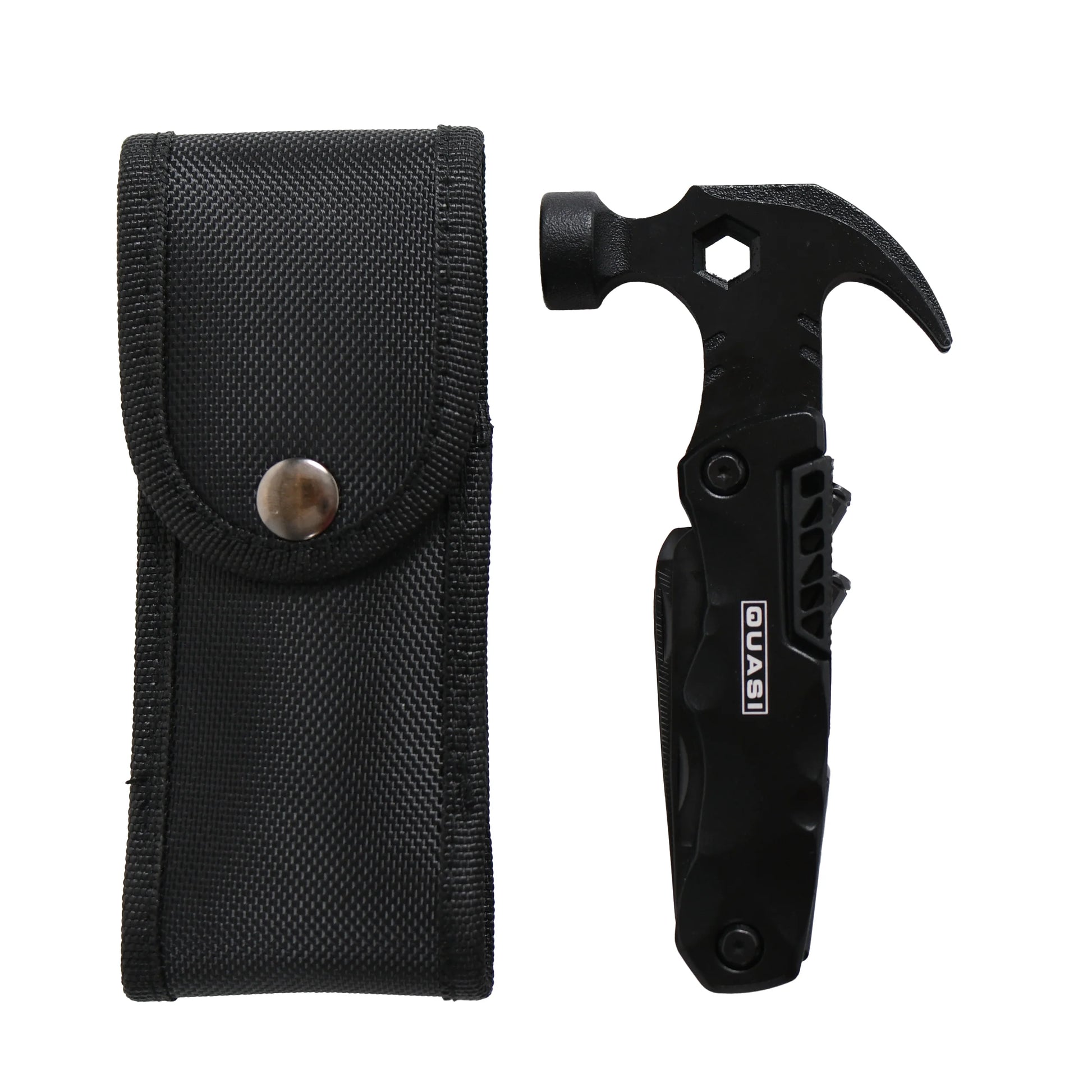 Black multi-tool with hammer head and bottle opener next to a black sheath on a white background