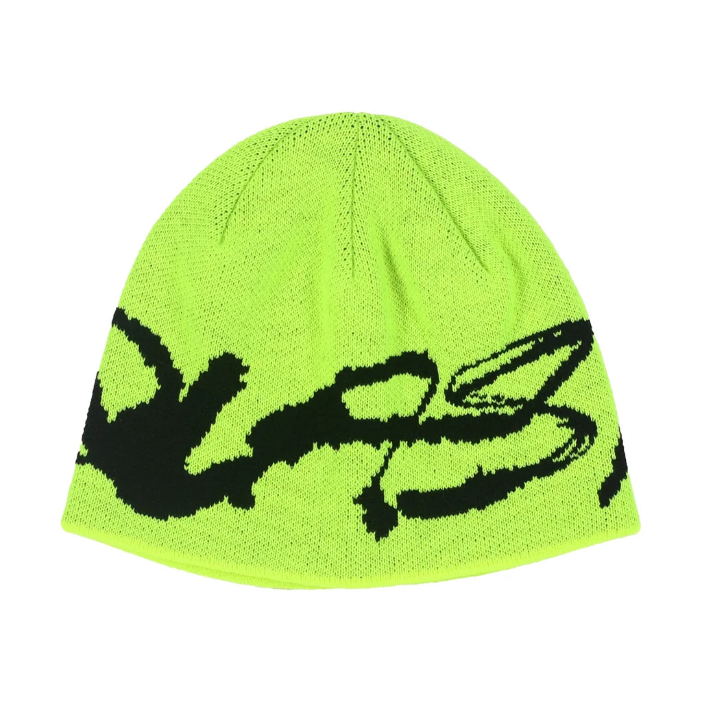 Neon green beanie with black logo on a white background