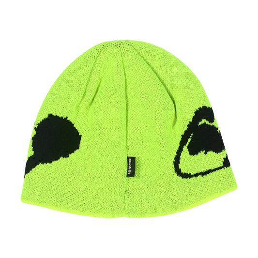 Bright green beanie with black bear face designs on a white background