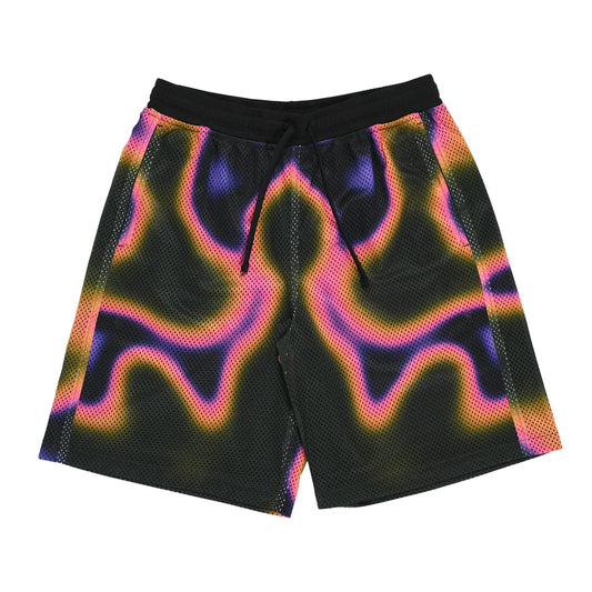 Black shorts with colorful wavy pattern on a white background