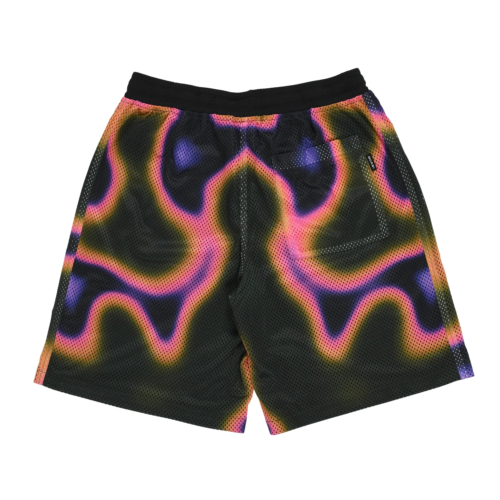 Black shorts with colorful abstract pattern on a white background