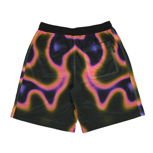 Black shorts with colorful abstract pattern on a white background