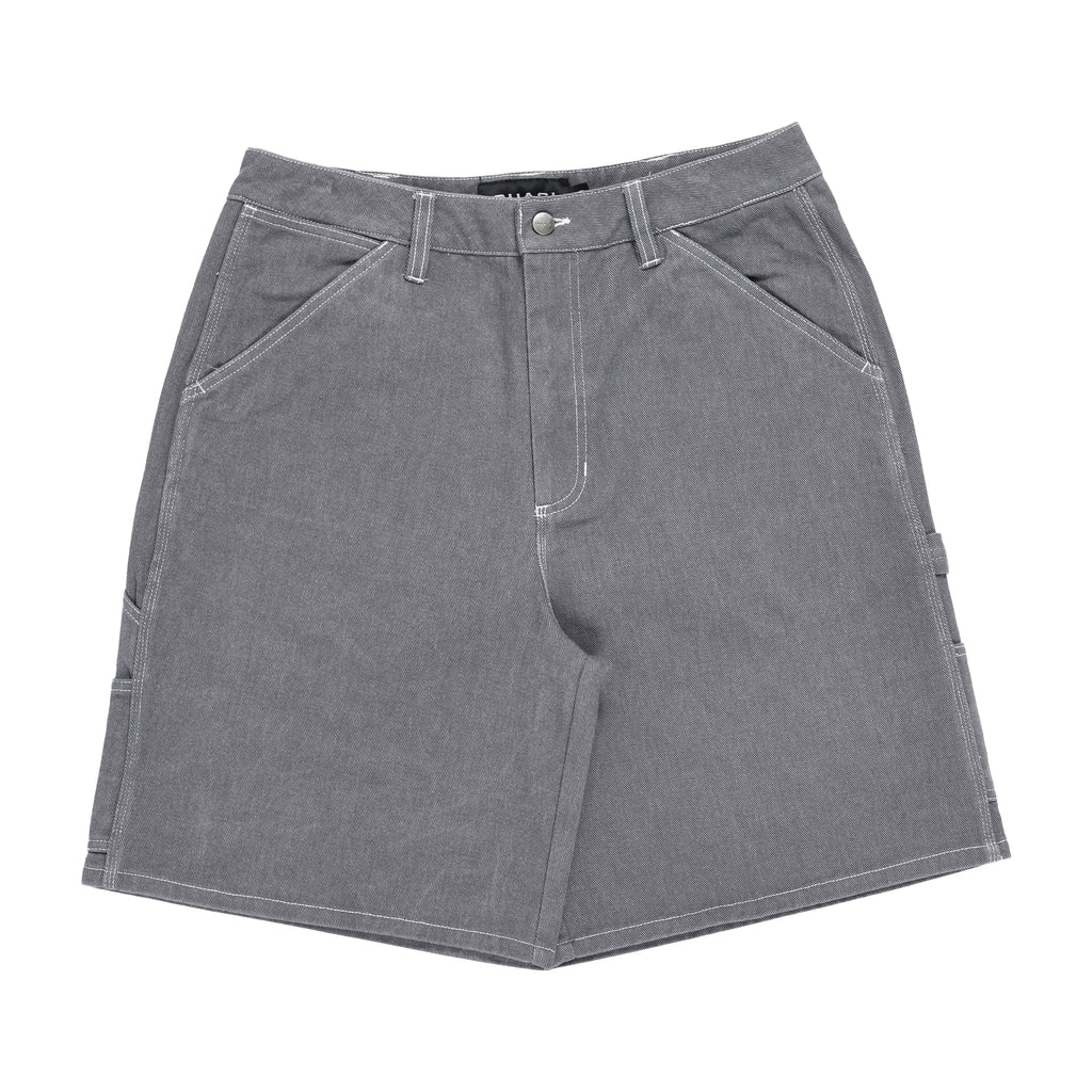 Gray denim shorts on a white background