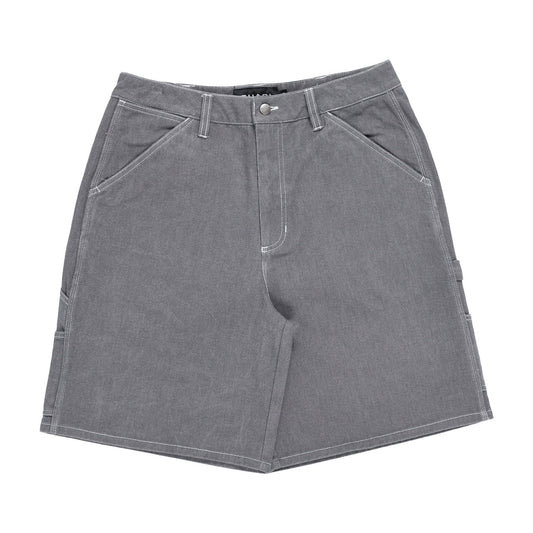 Gray denim shorts on a white background