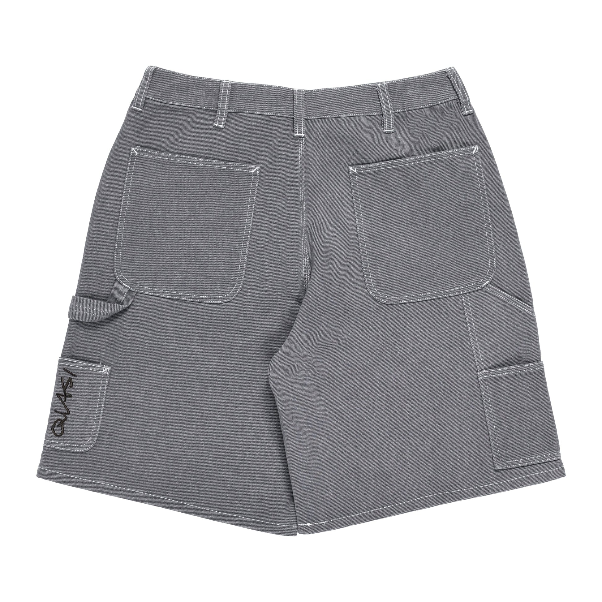 Gray cargo shorts with multiple pockets on a white background