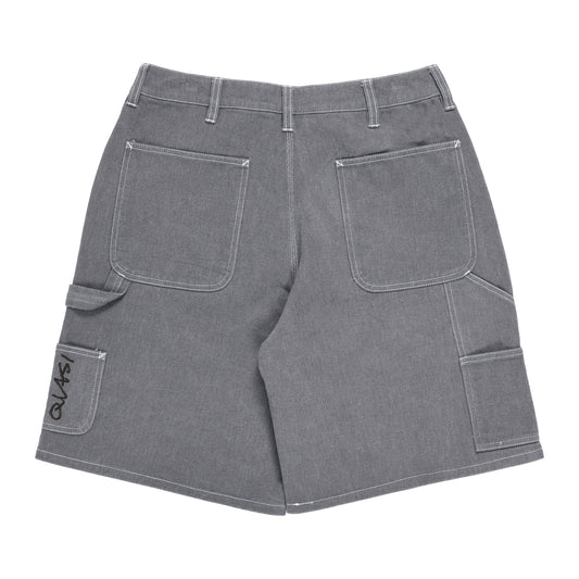 Gray cargo shorts with multiple pockets on a white background