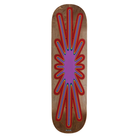Skateboard deck with a red and purple abstract design on a wooden surface