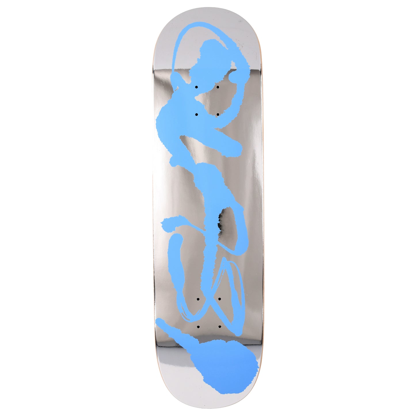 Skateboard deck with blue abstract design on a white background