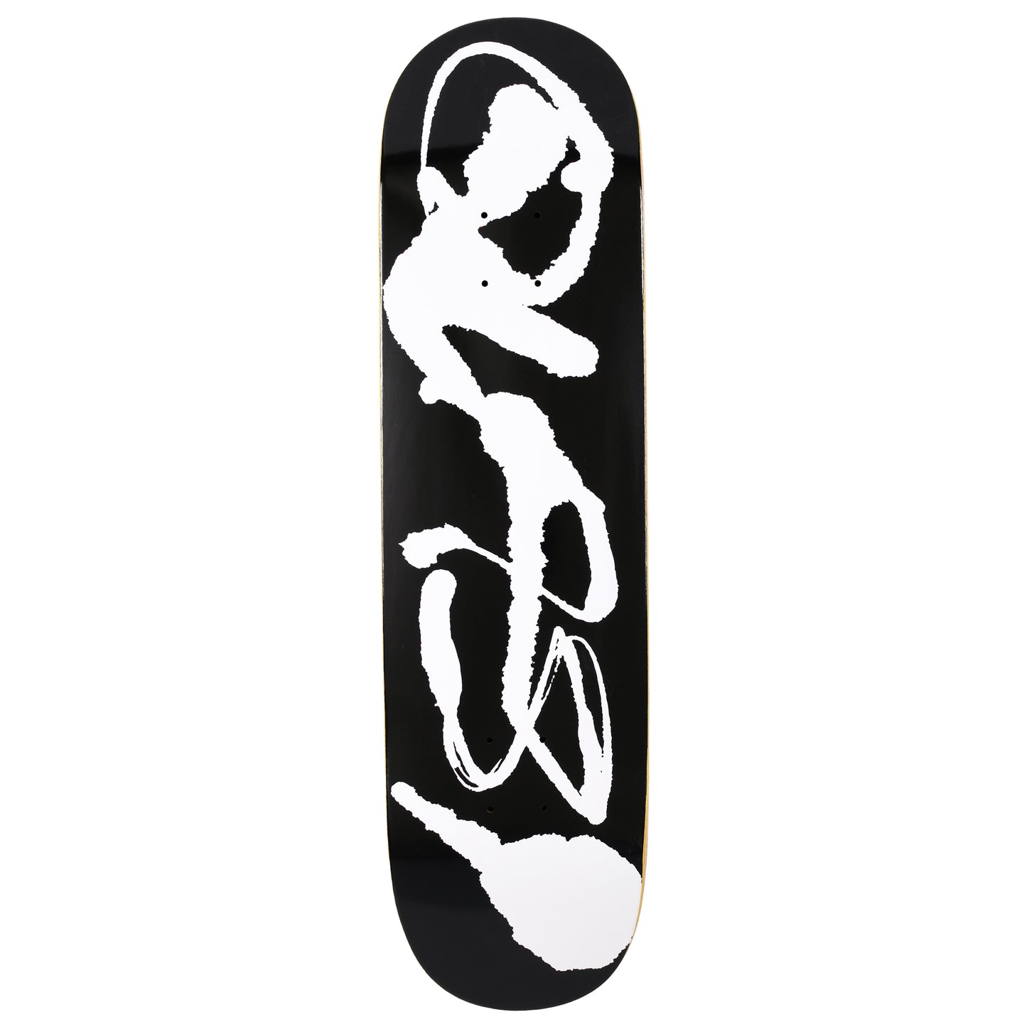 Skateboard deck with white silhouette design on a black background
