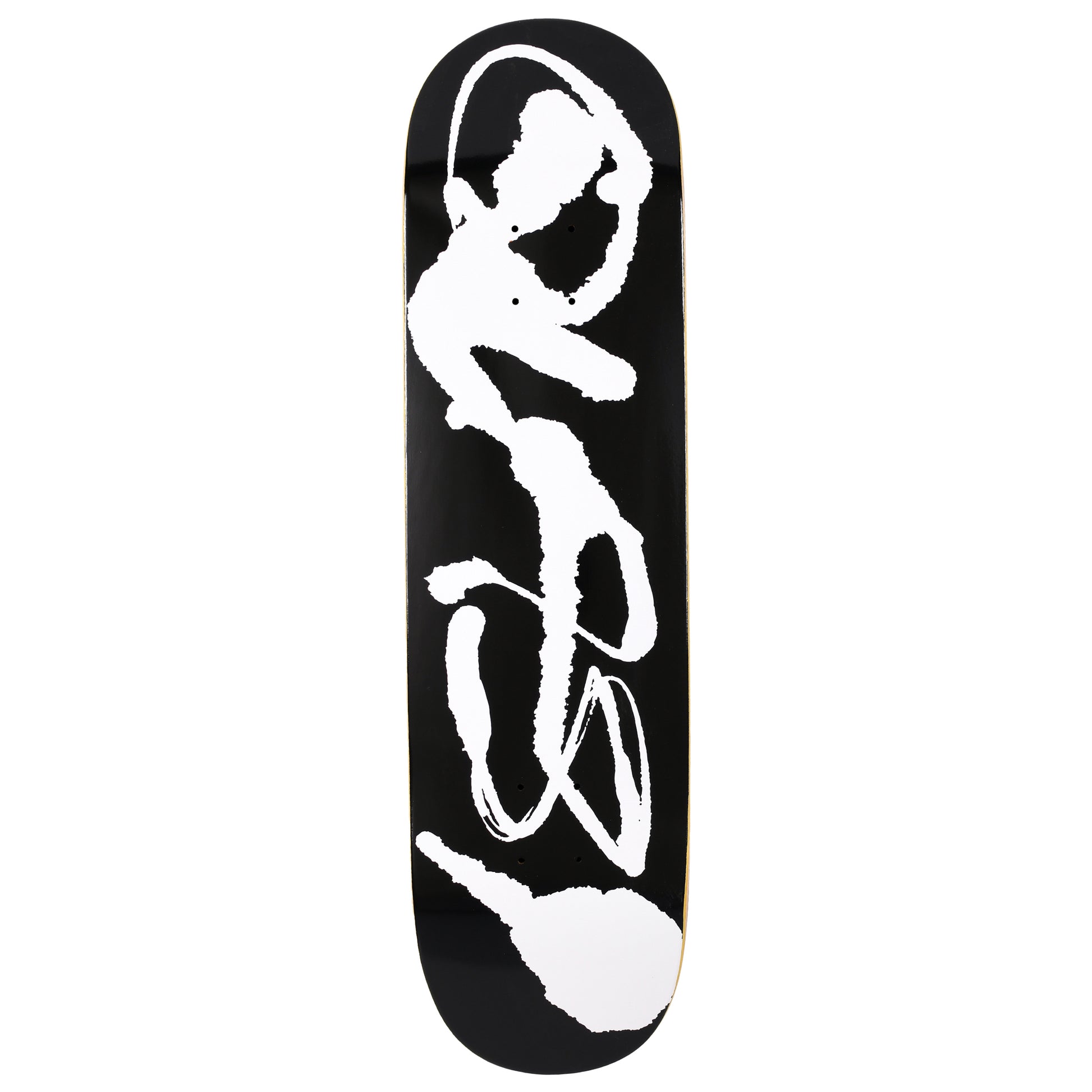 Skateboard deck with white silhouette design on a black background