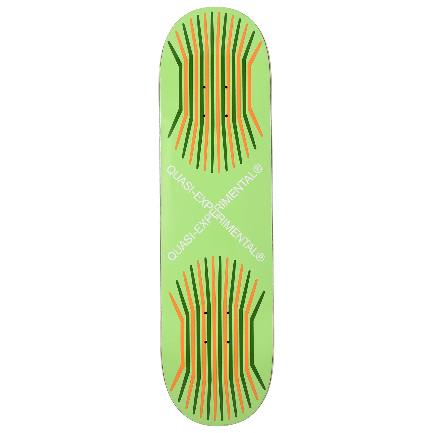 Green skateboard deck with red and black patterns on a white background
