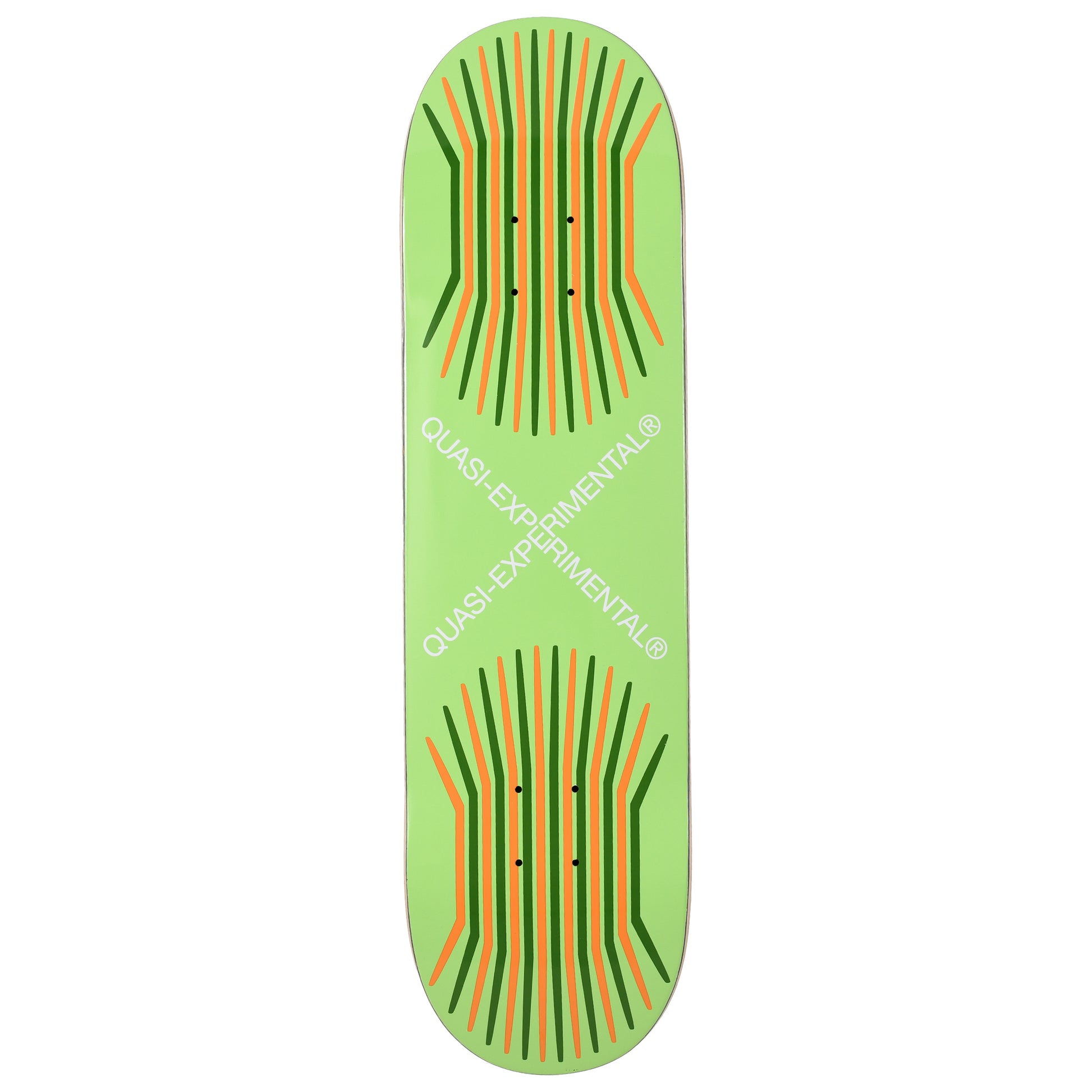 Green skateboard deck with red and black patterns on a white background