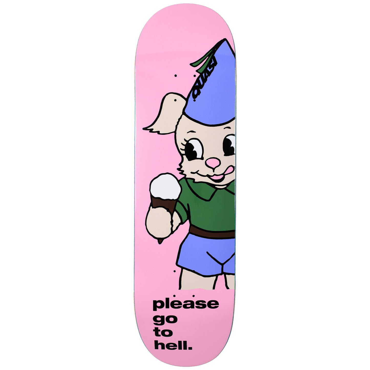 Skateboard deck with cartoon character and text on a pink background