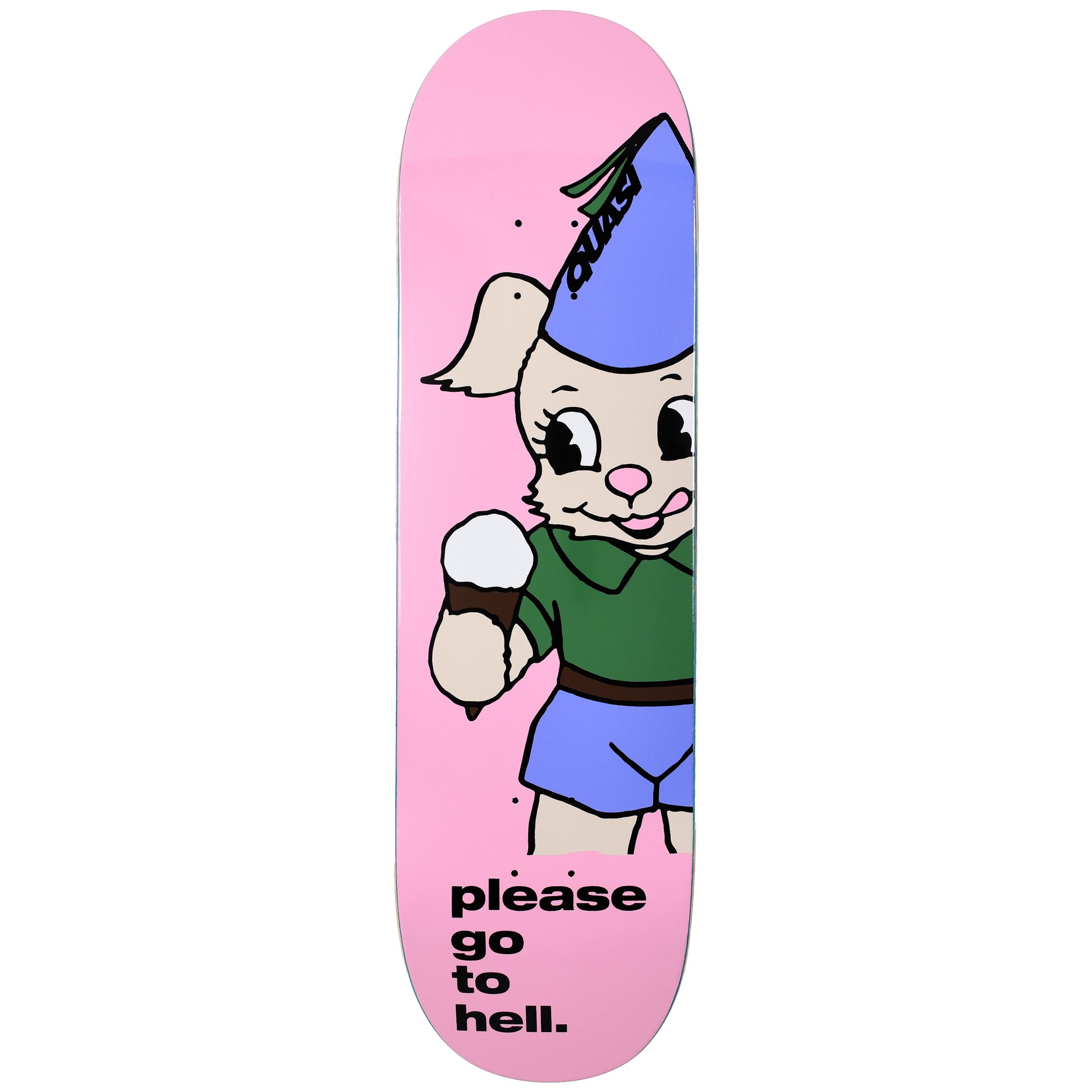 Skateboard deck with cartoon character and text on a pink background