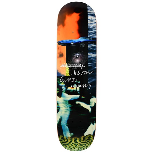 A skateboard deck featuring a complex graphic collage design with a split background of orange flames and dark water, a blue car, a white statue, and handwritten text reading 'JUSTIN henry'.
