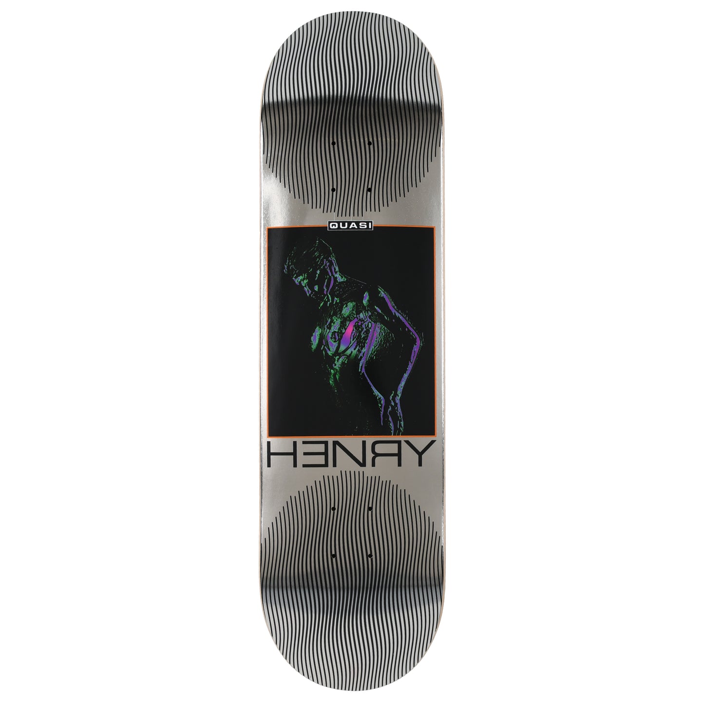 Skateboard deck with a graphic design and 'Ren' branding on a white background