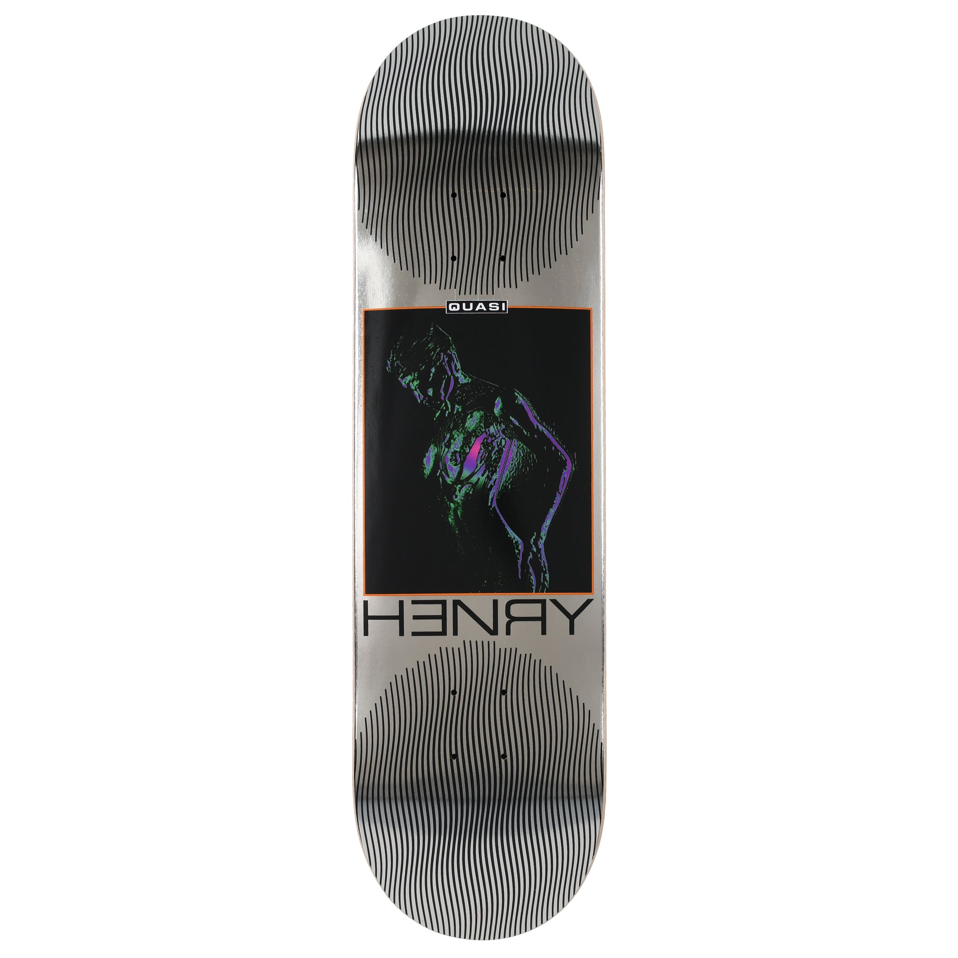 Skateboard deck with a graphic design and 'Ren' branding on a white background