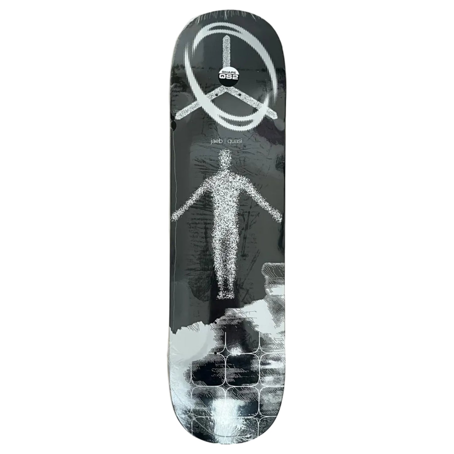 Skateboard deck with abstract design and visible brand logo on a white background