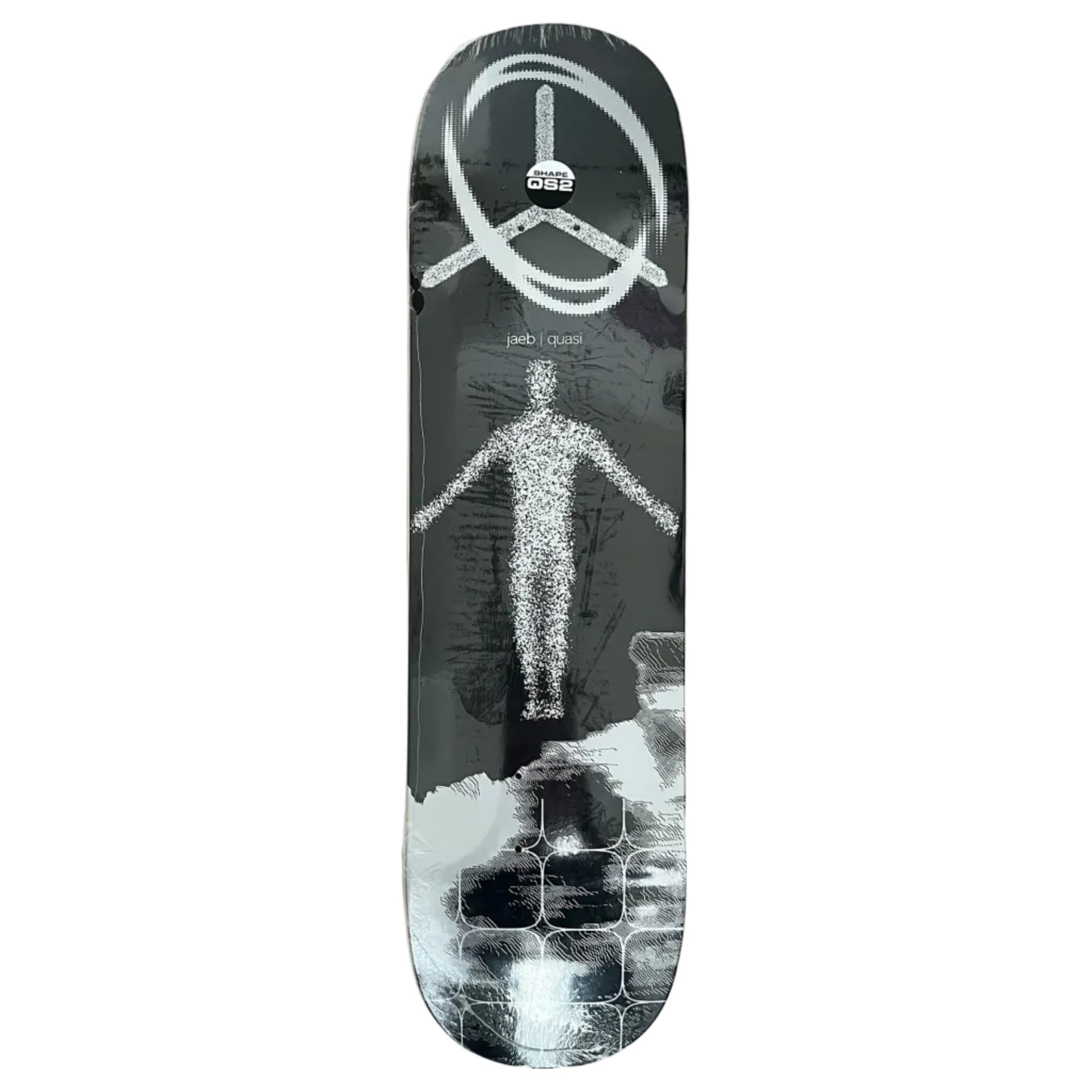 Skateboard deck with abstract design and visible brand logo on a white background