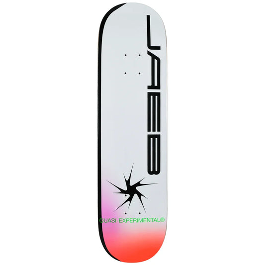 A skateboard deck shown vertically against a plain white background. The deck is primarily white with a black graphic design, featuring the brand name 'QUASI' in large black letters, a black starburst graphic, and a pink-to-orange gradient at the bottom with green text reading 'QUASI-EXPERIMENTAL'.
