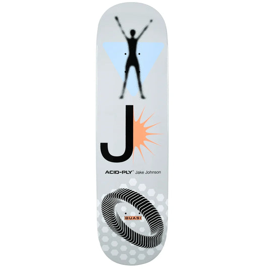 A skateboard deck shown vertically against a plain white background. The deck has a white base with a black silhouette of a person jumping, a light blue triangle, a large black letter J with an orange sunburst, the text 'ACID-PLY Jake Johnson', and a black-and-white striped spiral graphic near the bottom.