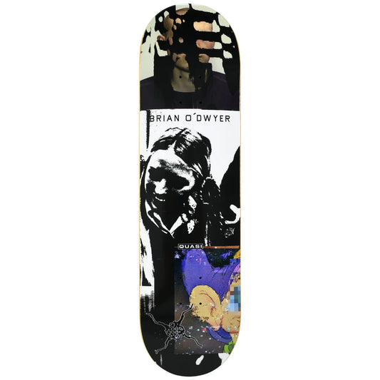 A skateboard deck featuring a collage-style graphic design with a large black-and-white portrait, the text 'BRIAN O'DWYER' and 'QUASI', and a small colorful abstract section near the bottom, shown on a plain white background.
