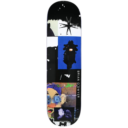 A skateboard deck featuring a complex collage graphic design with black, white, blue, and colorful abstract art, including a motorcycle silhouette and pixelated faces, with the text 'BRIAN o'dwyer' printed vertically on the side.