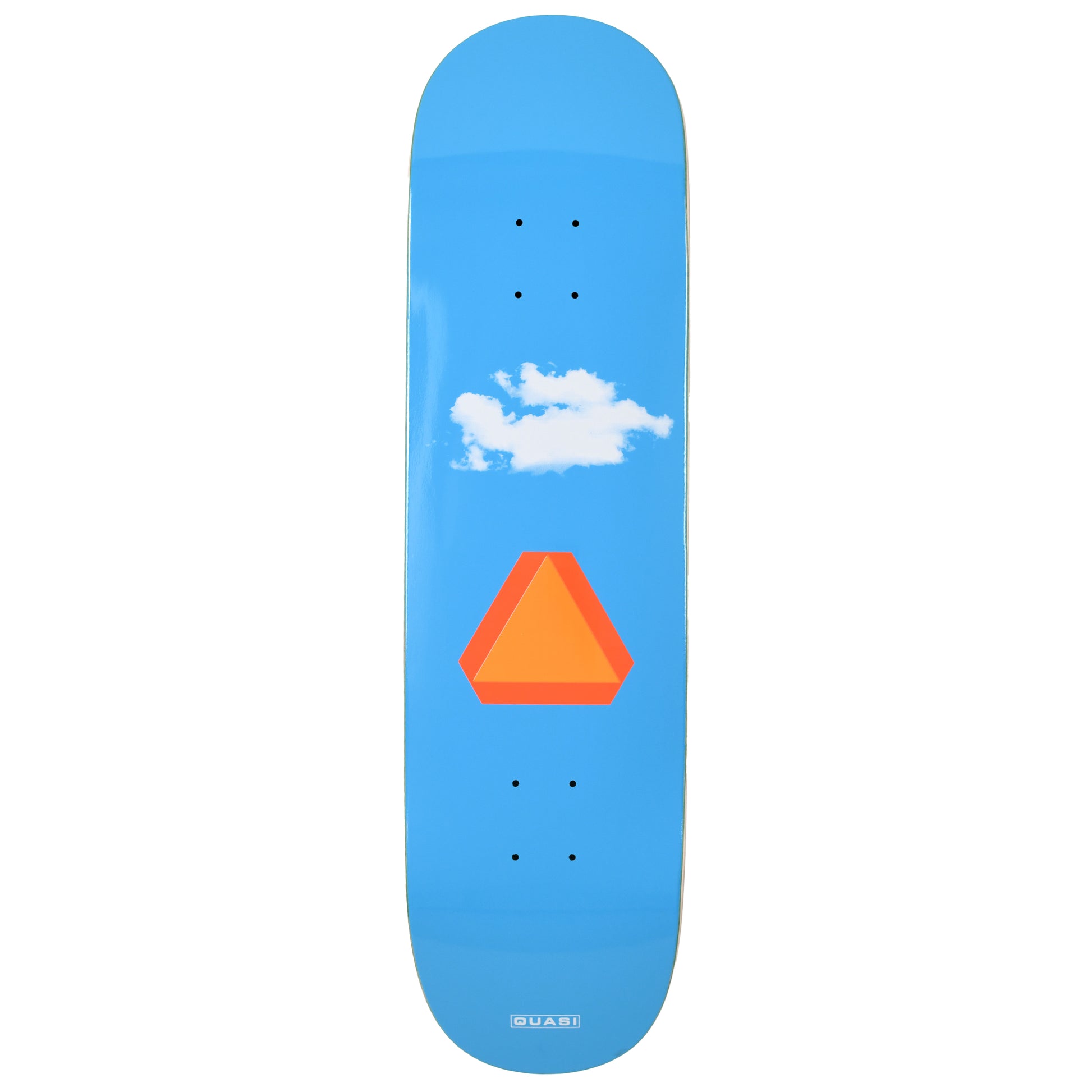 Skateboard deck with blue background, orange triangle, and white cloud design on a white background