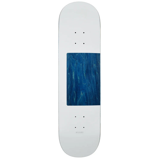 A skateboard deck shown vertically against a plain white background, featuring a white base with a large blue marbled wood-grain graphic in the center.
