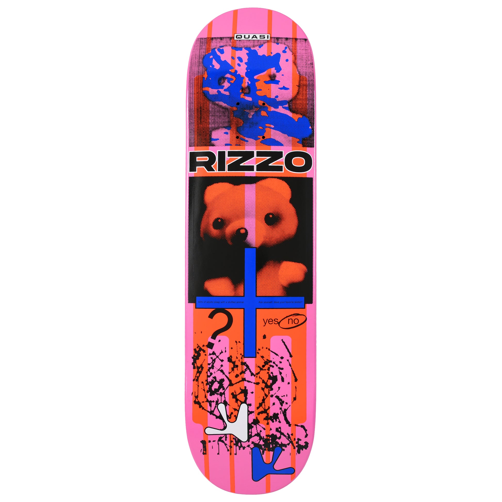 Skateboard deck with a bear design and 'Rizzo' branding on a pink background