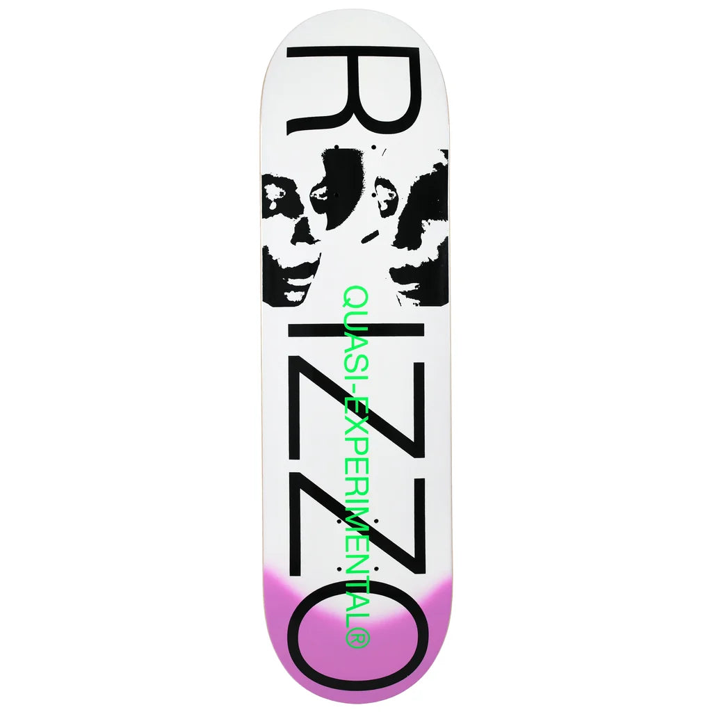 A Quasi-Experimental 'rizzo' skateboard deck featuring a white background with a black graphic of two faces, large black 'rizzo' lettering, green vertical text, and a pink-to-purple gradient at the bottom.