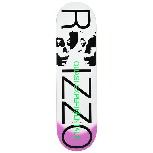 A Quasi-Experimental 'rizzo' skateboard deck featuring a white background with a black graphic of two faces, large black 'rizzo' lettering, green vertical text, and a pink-to-purple gradient at the bottom.