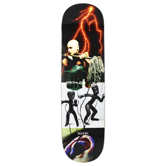 Skateboard deck with artistic design featuring a figure and lightning bolt on a black background.