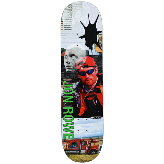 A skateboard deck featuring a collage-style graphic design with portraits, a black splatter motif, green 'JON ROWE' text, and a red fire truck at the bottom, shown against a plain white background.