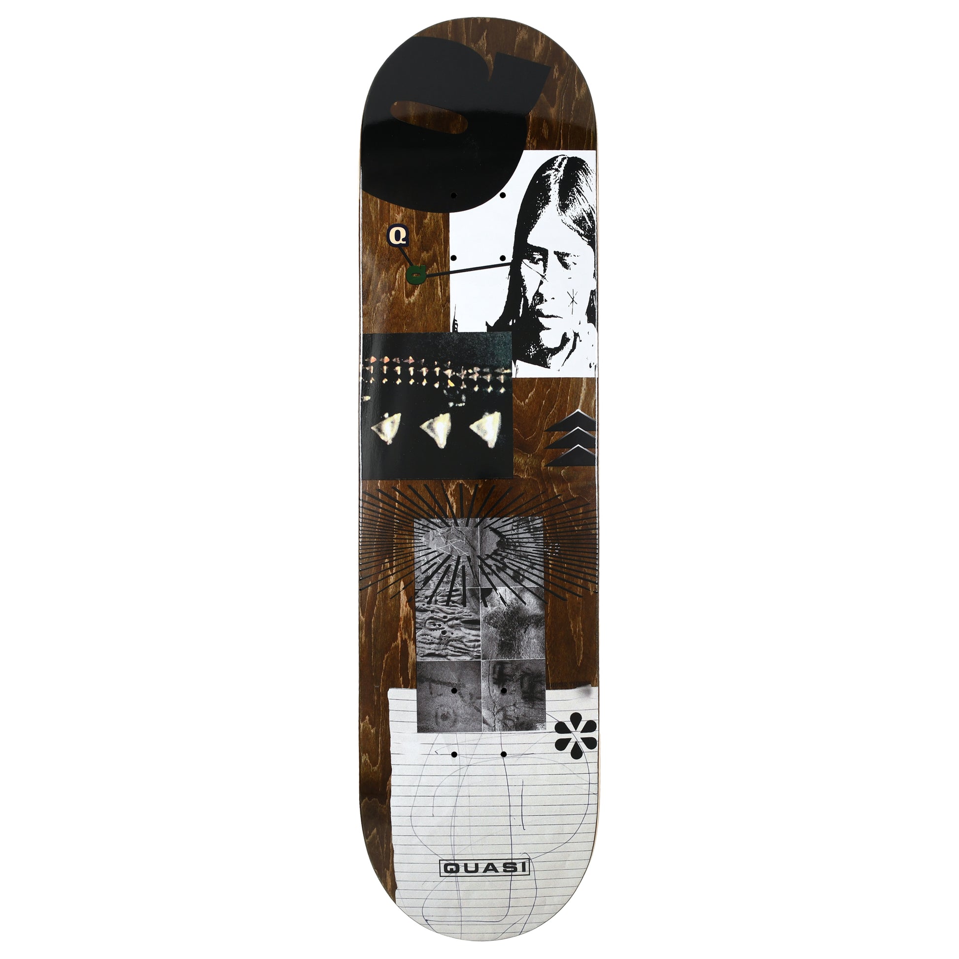 Skateboard deck with artistic design and 'Quasi' branding on a white background