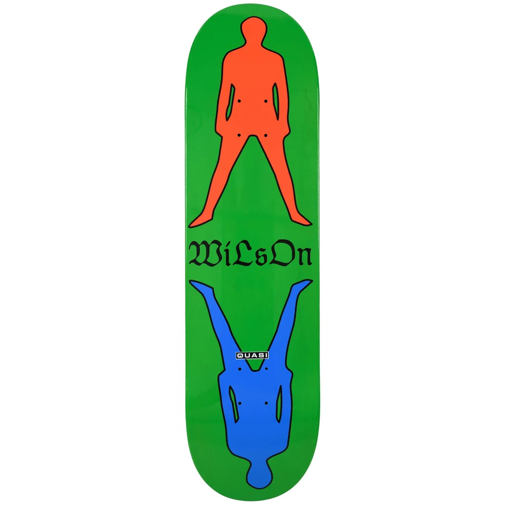 A skateboard deck with a bright green background, featuring an orange human silhouette at the top, the text 'wilsOn' in black across the center, and a blue human silhouette upside down at the bottom. The deck is shown flat against a solid white background.