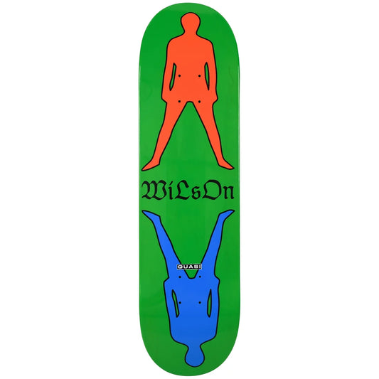 A skateboard deck with a bright green background, featuring an orange human silhouette at the top, the text 'wilsOn' in black across the center, and a blue human silhouette upside down at the bottom. The deck is shown flat against a solid white background.