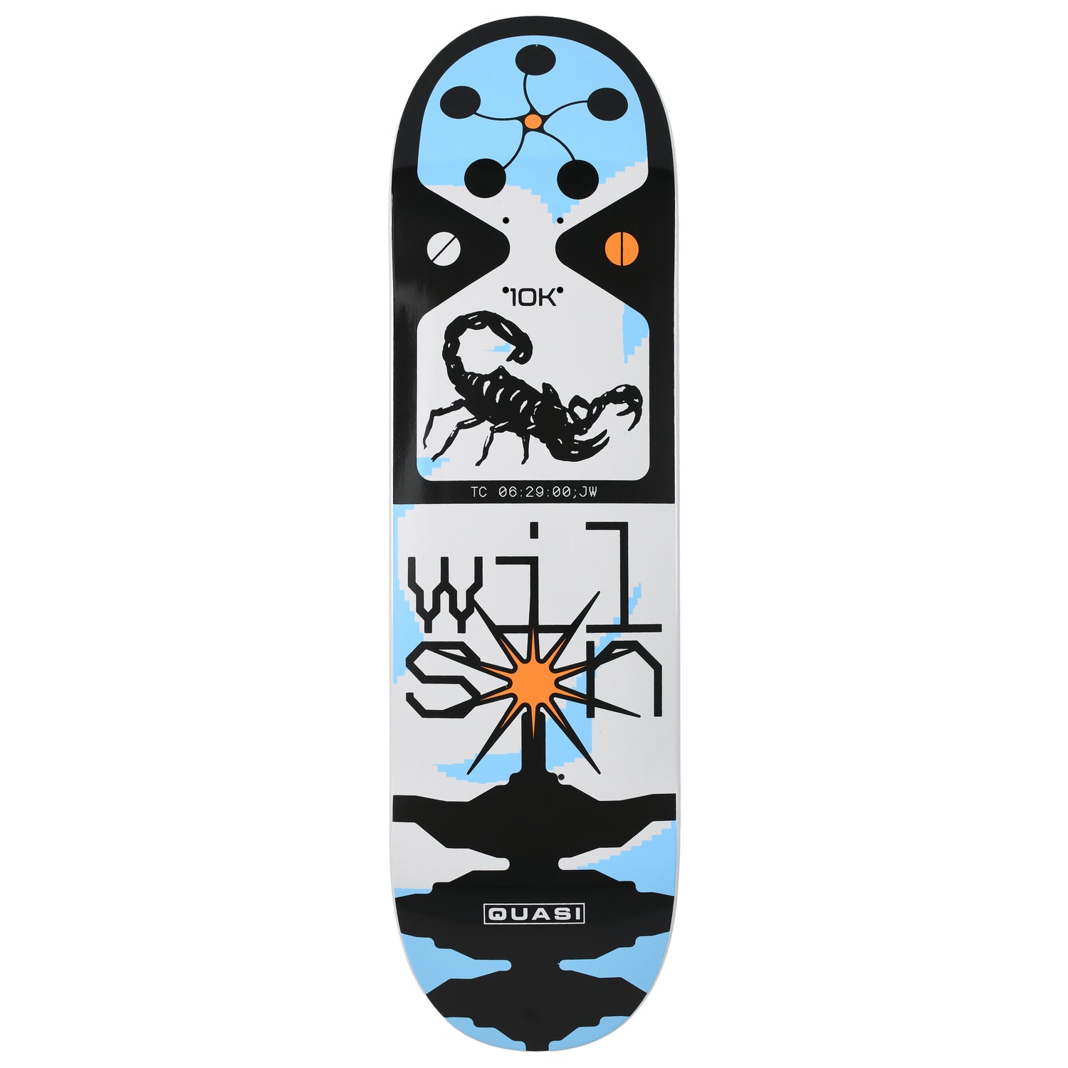 Skateboard deck with geometric design and 'Quasi' branding on a white background