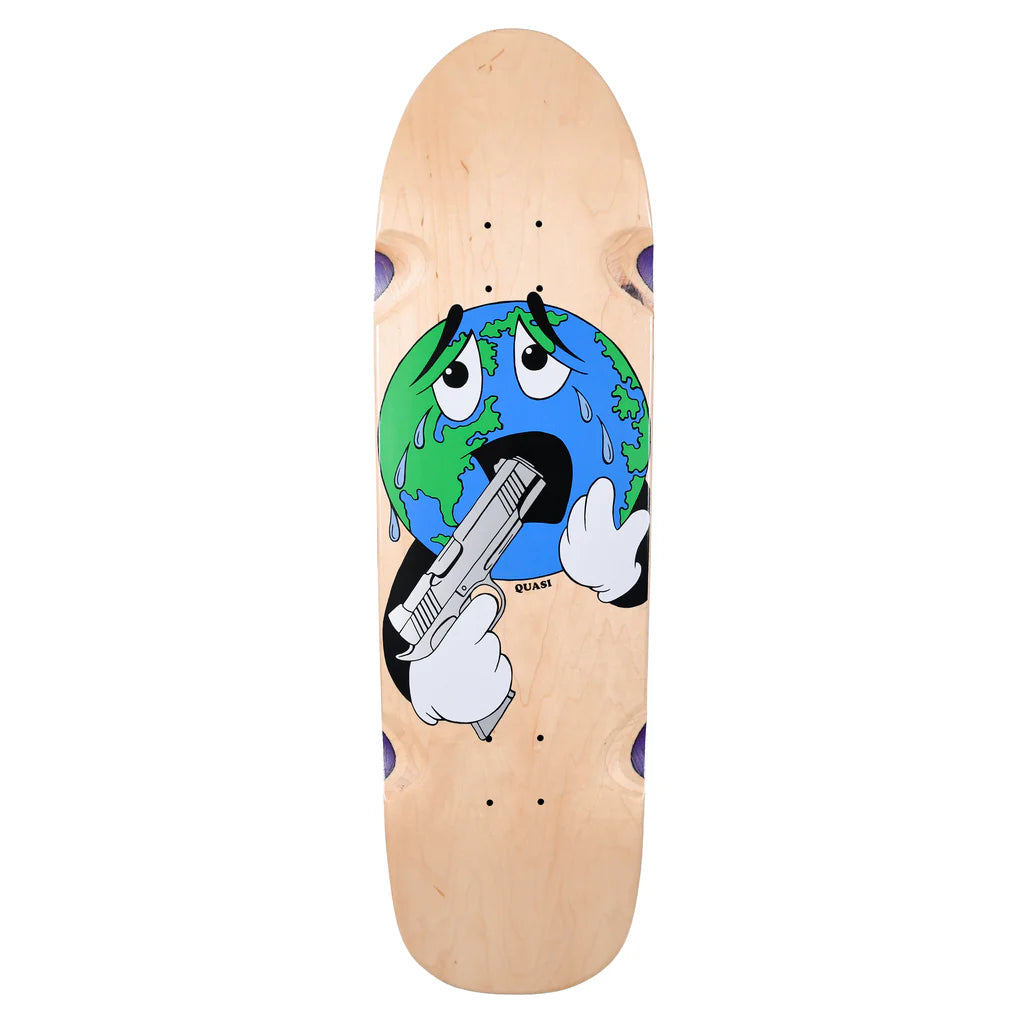 Skateboard deck with a cartoon Earth holding a gun on a white background