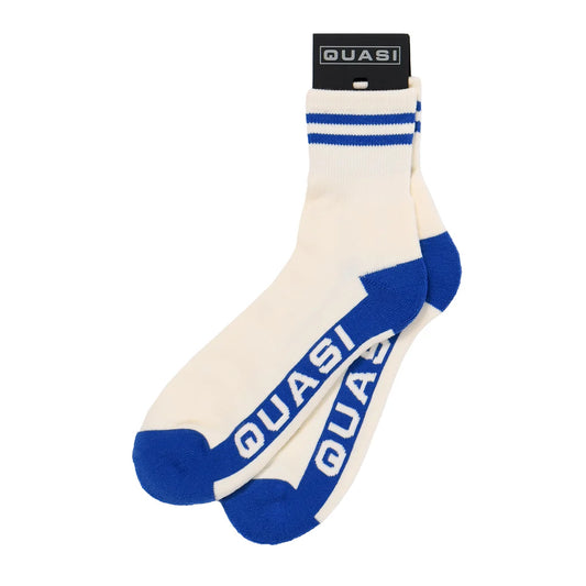 White and blue socks with 'Quasi' branding on a white background