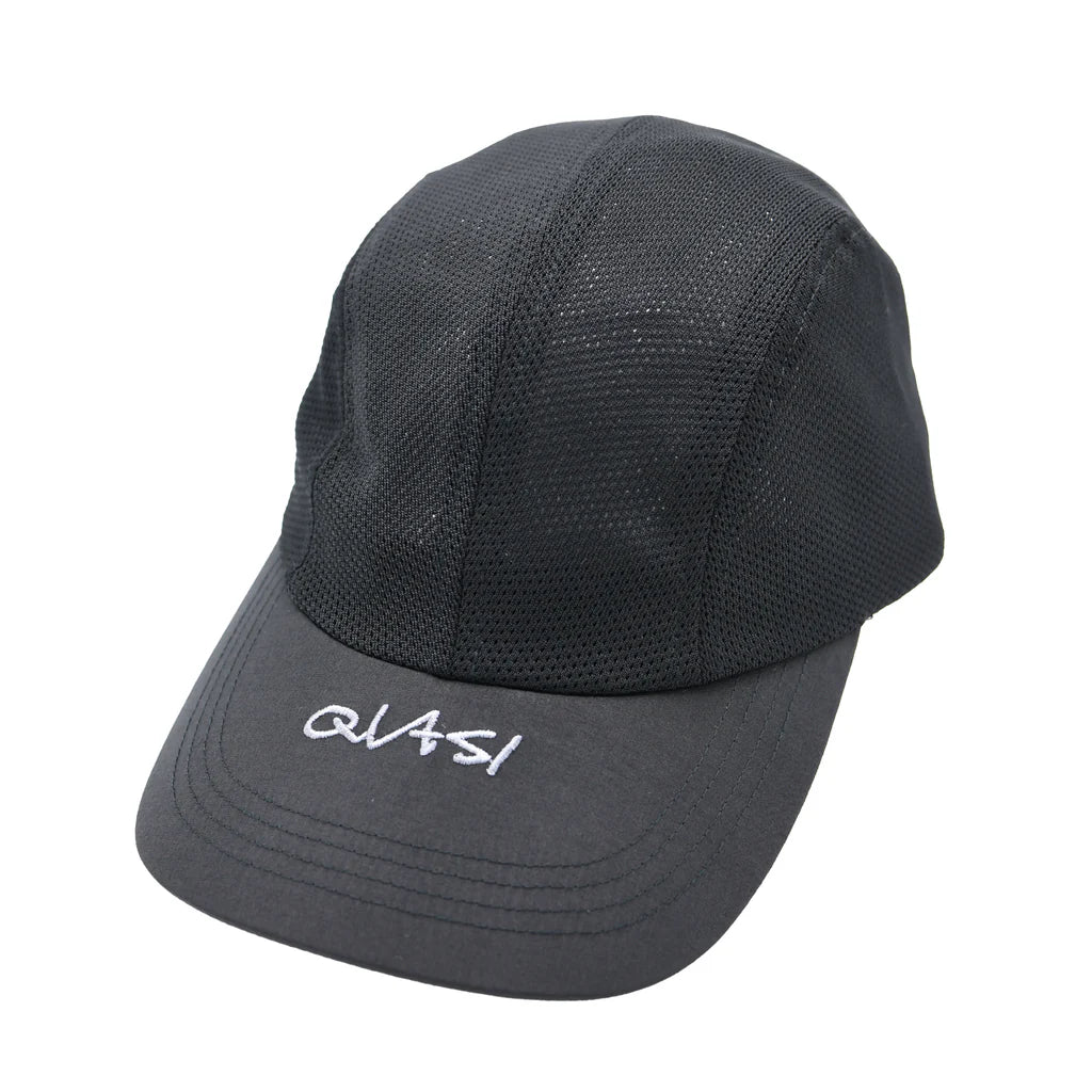 Black cap with mesh design and 'QUASI' branding on a white background