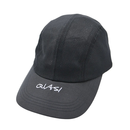 Black cap with mesh design and 'QUASI' branding on a white background