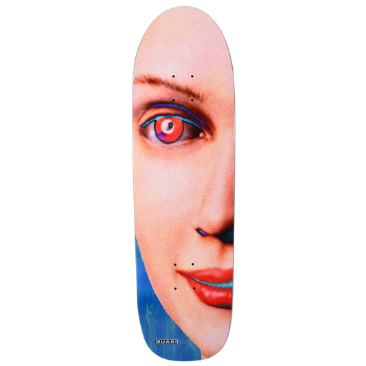 Skateboard deck with a face design featuring red and blue eyes on a white background