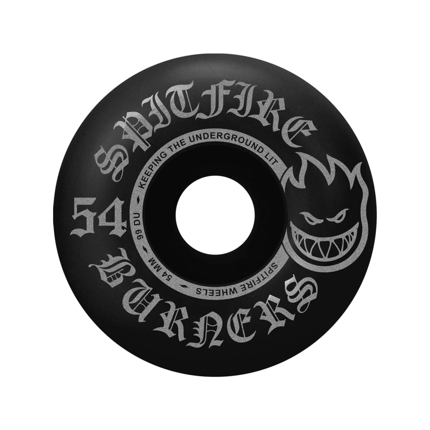 A single black skateboard wheel with white gothic-style text reading 'Spitfire Burners' and a white Spitfire logo, shown on a plain white background.