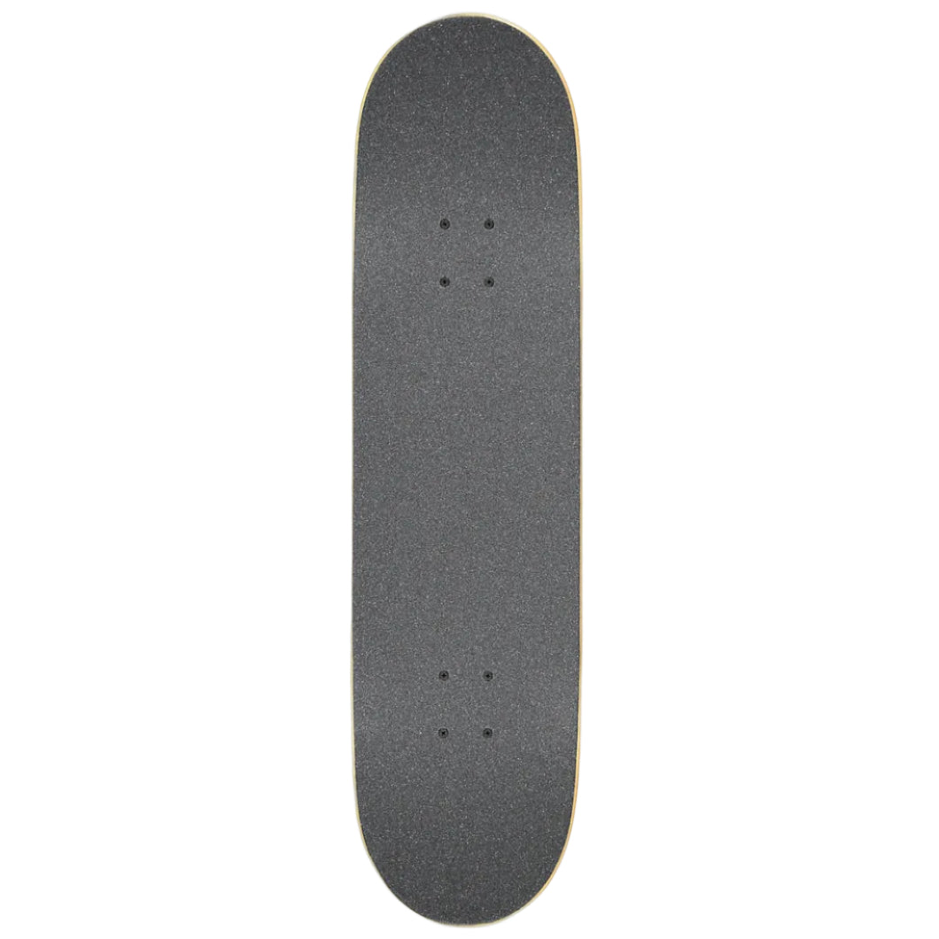 A top-down view of a skateboard deck with black grip tape on a clean white background.